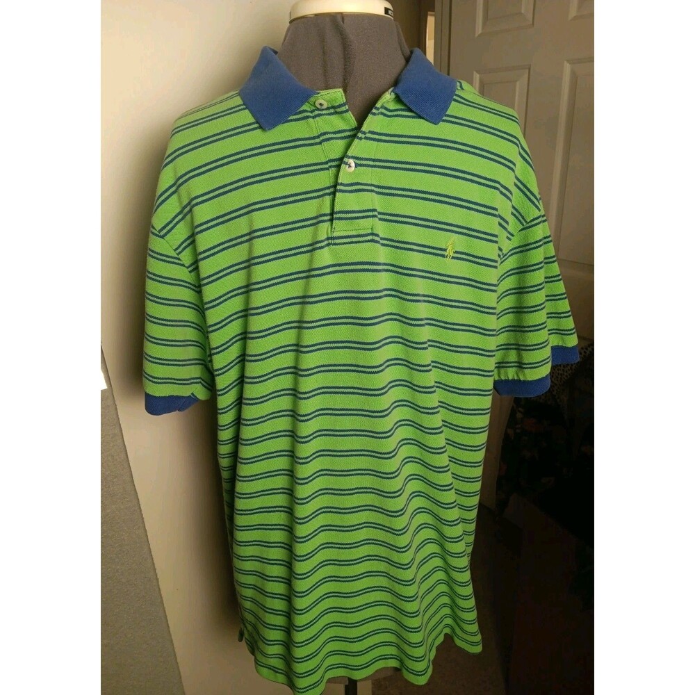 Vintage Polo Ralph Lauren Men's Lime Green and Navy Striped Polo Size LG Kanye
